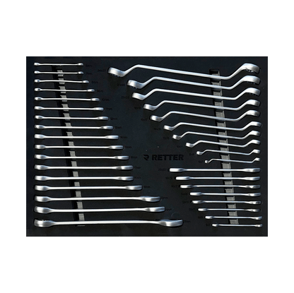 Retter R11 tool cabinet tray insert displaying rows of metric combination wrenches and offset ring wrenches.