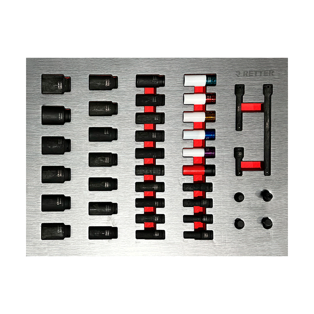 RETTER R12 CR-Mo 1/2" impact sockets 10–38mm, deep impact sockets, colour-coded wheel impact sockets 15–22mm, impact extensions 75–150mm on EVA foam tray