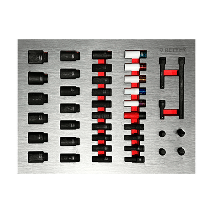 RETTER R12 CR-Mo 1/2" impact sockets 10–38mm, deep impact sockets, colour-coded wheel impact sockets 15–22mm, impact extensions 75–150mm on EVA foam tray