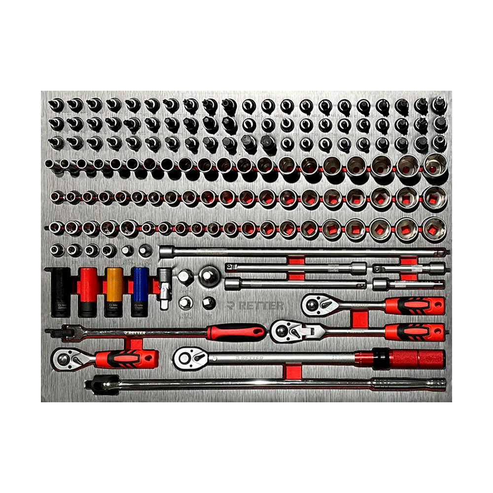 RETTER R12 1/2" sockets 10–32mm, deep sockets, E-profile E10–E24, 12-point imperial sockets 3/8"–1-1/4", ratchets, extensions 50–500mm, torque wrench 3/8" 10–60Nm, and Torx/HEX bit sockets on EVA foam tray