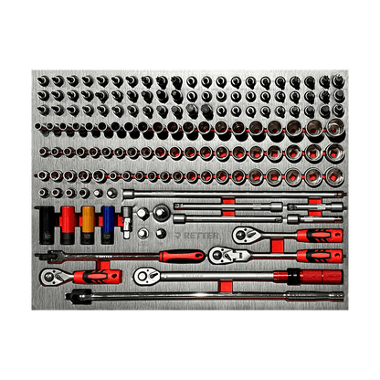 RETTER R12 1/2" sockets 10–32mm, deep sockets, E-profile E10–E24, 12-point imperial sockets 3/8"–1-1/4", ratchets, extensions 50–500mm, torque wrench 3/8" 10–60Nm, and Torx/HEX bit sockets on EVA foam tray