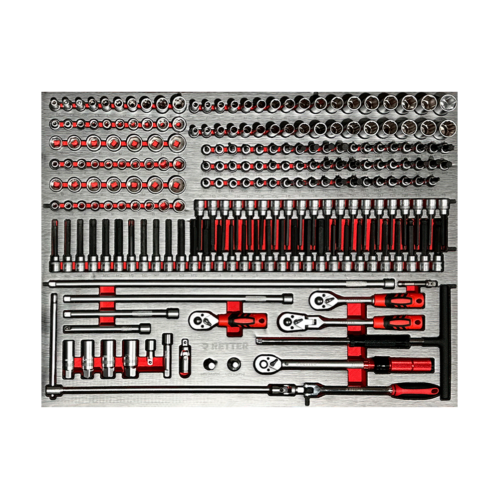 RETTER R12 3/8" sockets 6–22mm, deep and 12-point sockets, E-profile E6–E20, long bit sockets Torx/HEX/XZN, ratchets standard short and swivel 72-tooth, T-handle, extensions, and torque wrench 1/2" 40–220Nm on EVA foam tray