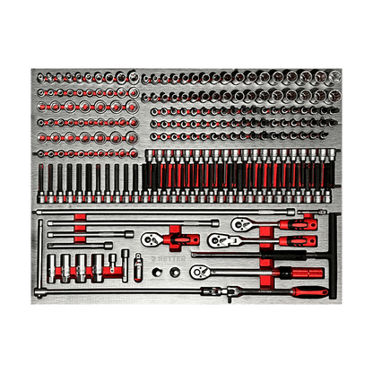 RETTER R12 3/8" sockets 6–22mm, deep and 12-point sockets, E-profile E6–E20, long bit sockets Torx/HEX/XZN, ratchets standard short and swivel 72-tooth, T-handle, extensions, and torque wrench 1/2" 40–220Nm on EVA foam tray