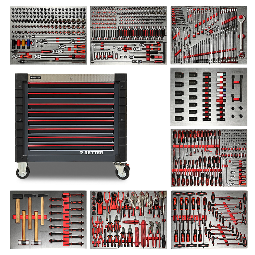 RETTER R12 professional tool cabinet 698-piece complete set overview — black steel cabinet with 8 drawers surrounded by all EVA foam inserts showing sockets, ratchets, spanners, impact sockets, screwdrivers, pliers, hammers, chisels and T-handle drivers