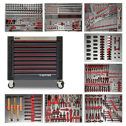 RETTER R12 professional tool cabinet 698-piece complete set overview — black steel cabinet with 8 drawers surrounded by all EVA foam inserts showing sockets, ratchets, spanners, impact sockets, screwdrivers, pliers, hammers, chisels and T-handle drivers