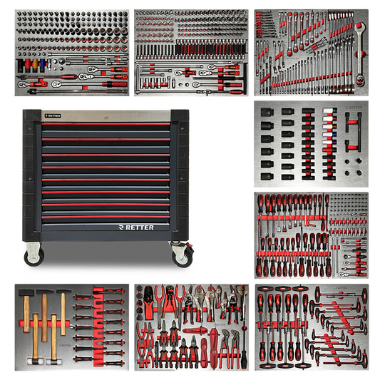 RETTER R12 professional tool cabinet 698-piece complete set overview — black steel cabinet with 8 drawers surrounded by all EVA foam inserts showing sockets, ratchets, spanners, impact sockets, screwdrivers, pliers, hammers, chisels and T-handle drivers