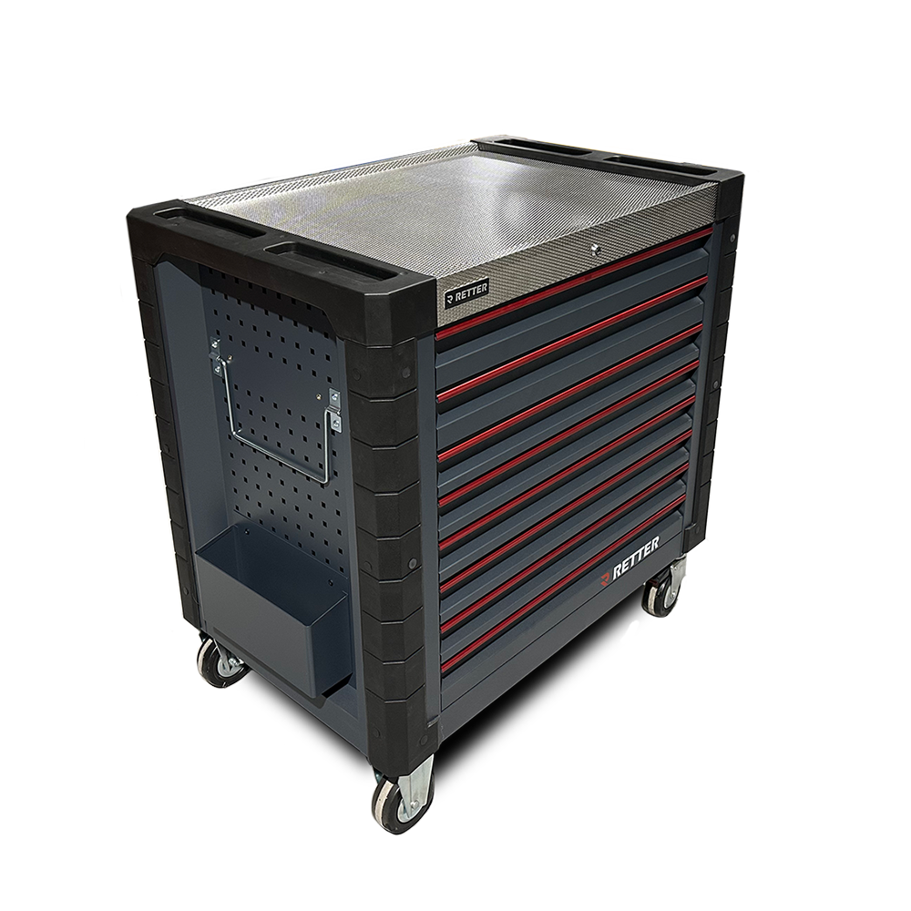 RETTER R12 professional tool cabinet 670×460×1060mm, weight 203kg, black powder-coated steel body with 8 drawers, anti-slip ribbed steel worktop, side pegboard with shelf and 4 castors