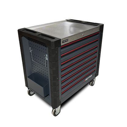 RETTER R12 professional tool cabinet 670×460×1060mm, weight 203kg, black powder-coated steel body with 8 drawers, anti-slip ribbed steel worktop, side pegboard with shelf and 4 castors