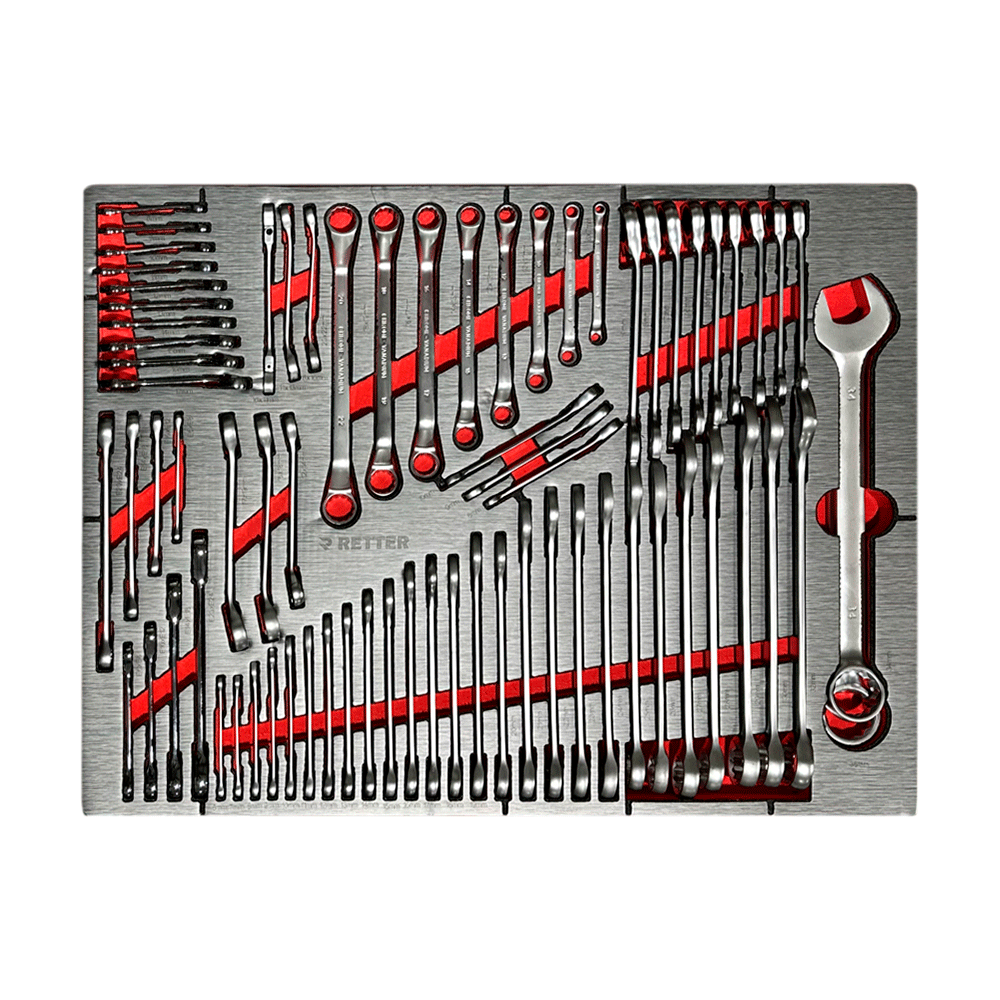 RETTER R12 combination spanners 8–17mm, E-profile ring and ratchet ring spanners E6–E24, open-end spanners 6–36mm, double ring spanners 6×7–21×22mm, brake line spanners, and ratchet ring spanner 16×17mm on EVA foam tray