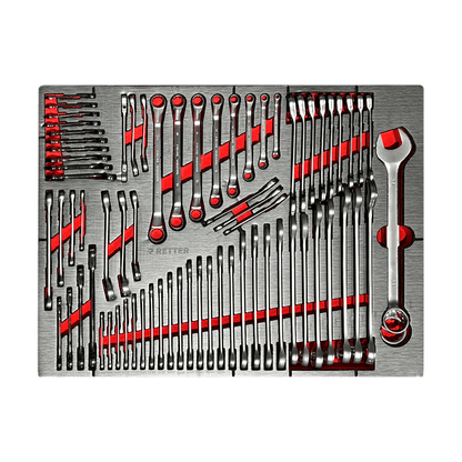 RETTER R12 combination spanners 8–17mm, E-profile ring and ratchet ring spanners E6–E24, open-end spanners 6–36mm, double ring spanners 6×7–21×22mm, brake line spanners, and ratchet ring spanner 16×17mm on EVA foam tray