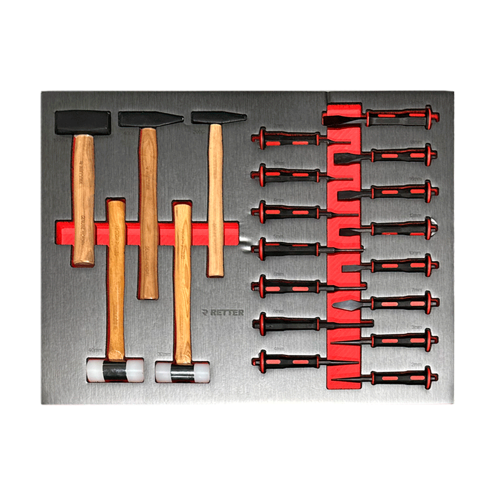 RETTER R12 engineer's hammers 200g and 400g, mason's hammer 100g, assembly hammers Ø32 and Ø40mm with wooden handles, flat chisels 10–24mm, pin punches 2–8mm, centre punches and triangular punch on EVA foam tray