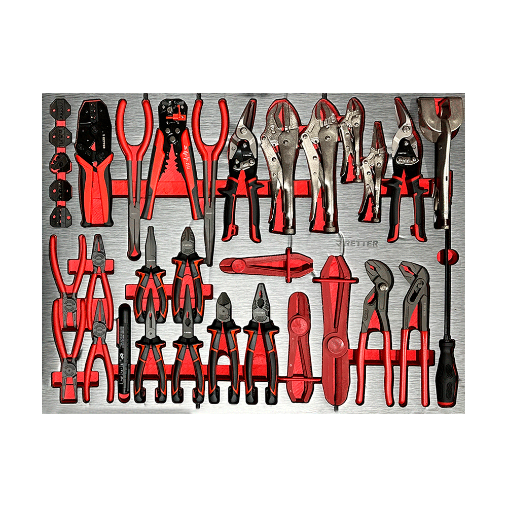RETTER R12 side cutters 7" and 8", combination pliers 8", long-nose pliers 8", flat-nose pliers 7", circlip pliers 7", locking pliers 5"–10", water pump pliers 7" and 10", wire stripper crimping pliers, tin snips 11" and magnetic pickup tool on EVA foam tray
