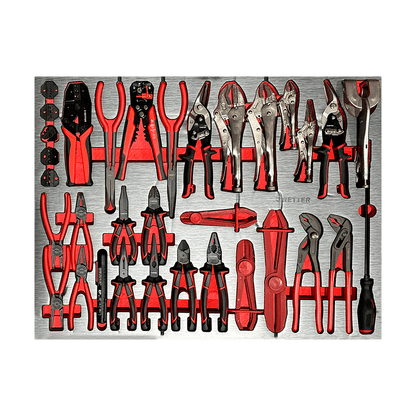 RETTER R12 side cutters 7" and 8", combination pliers 8", long-nose pliers 8", flat-nose pliers 7", circlip pliers 7", locking pliers 5"–10", water pump pliers 7" and 10", wire stripper crimping pliers, tin snips 11" and magnetic pickup tool on EVA foam tray