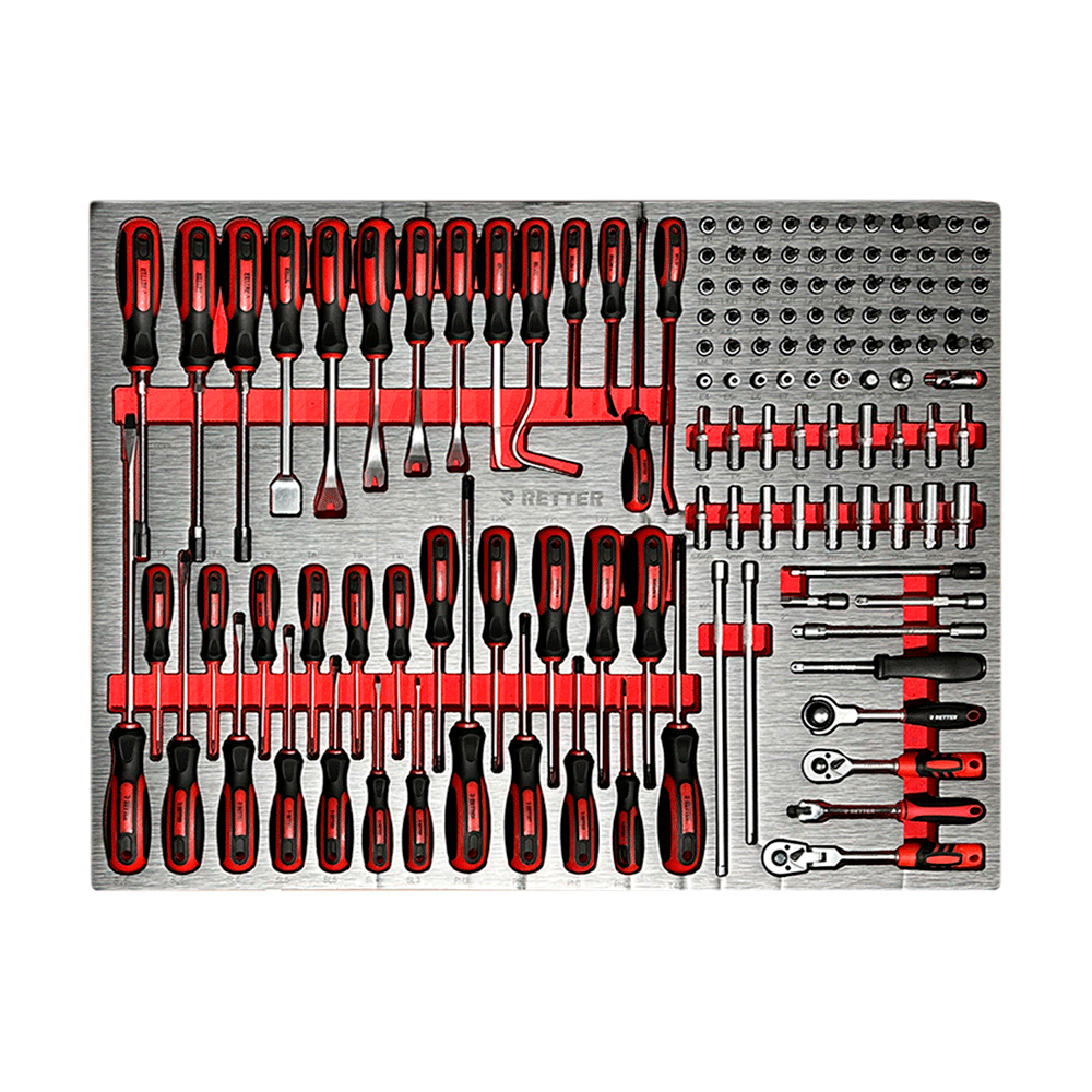 RETTER R12 Torx screwdrivers T8–T45, hex screwdrivers H2–H10, PH and PZ screwdrivers, 1/4" sockets, bit set hex Torx PH PZ SL, extensions, ratchets 72/100/270-tooth, T-sockets 6–13mm and socket holders on EVA foam tray