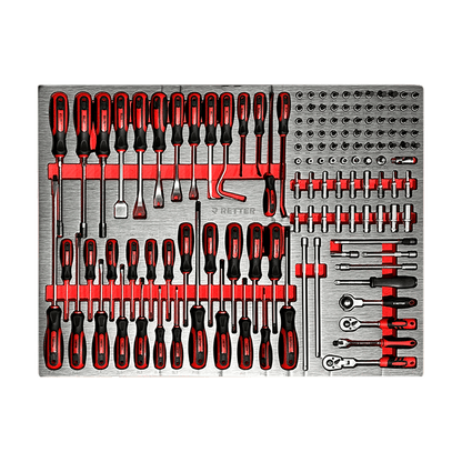 RETTER R12 Torx screwdrivers T8–T45, hex screwdrivers H2–H10, PH and PZ screwdrivers, 1/4" sockets, bit set hex Torx PH PZ SL, extensions, ratchets 72/100/270-tooth, T-sockets 6–13mm and socket holders on EVA foam tray