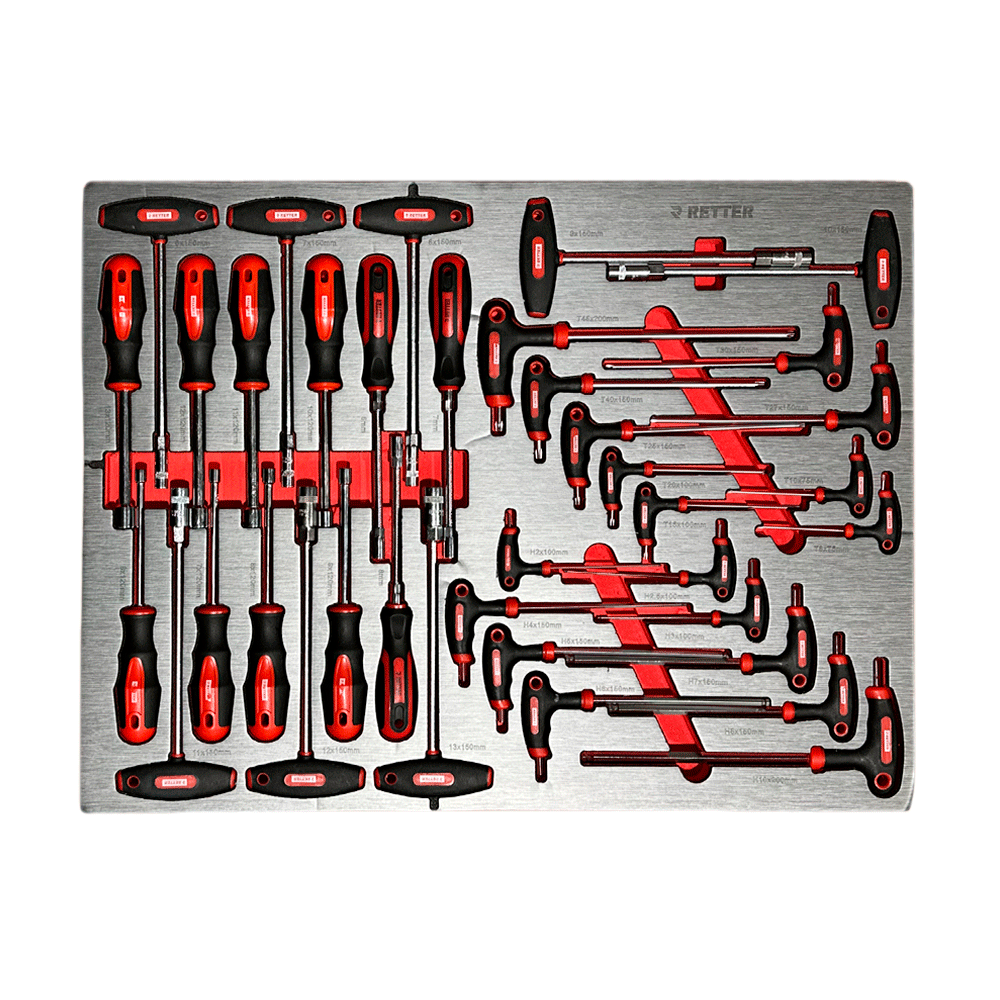 RETTER R12 T-handle Torx screwdrivers T8–T45, T-handle hex screwdrivers H2–H10, XZN T-handle drivers and T-sockets 6–13mm with red ergonomic grips on EVA foam tray