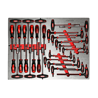 RETTER R12 T-handle Torx screwdrivers T8–T45, T-handle hex screwdrivers H2–H10, XZN T-handle drivers and T-sockets 6–13mm with red ergonomic grips on EVA foam tray