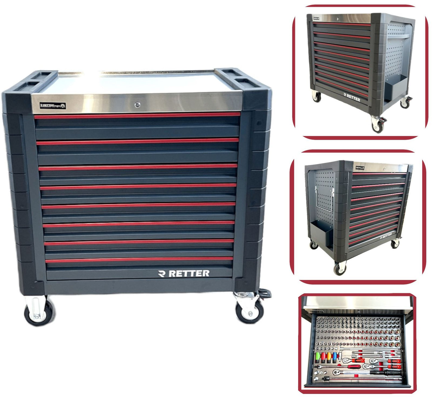 RETTER Werkzeugwagen R12 - 6 Schubladen bestückt 540-tlg. Premiumqualität Chrom-Vanadium-Werkzeugset