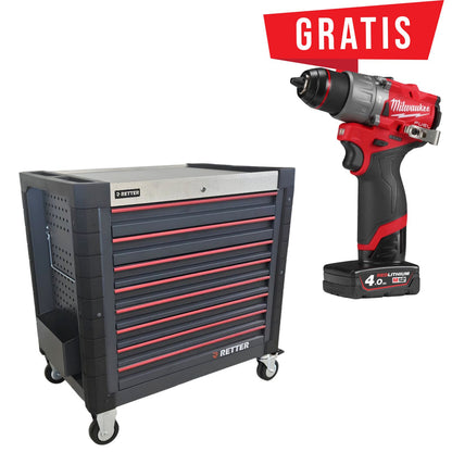 RETTER R13 Profi-Werkzeugwagen 8 Schubladen mit CR-V Werkzeug inkl. Milwaukee M12 Akku-Schlagbohrschrauber FPD2-402