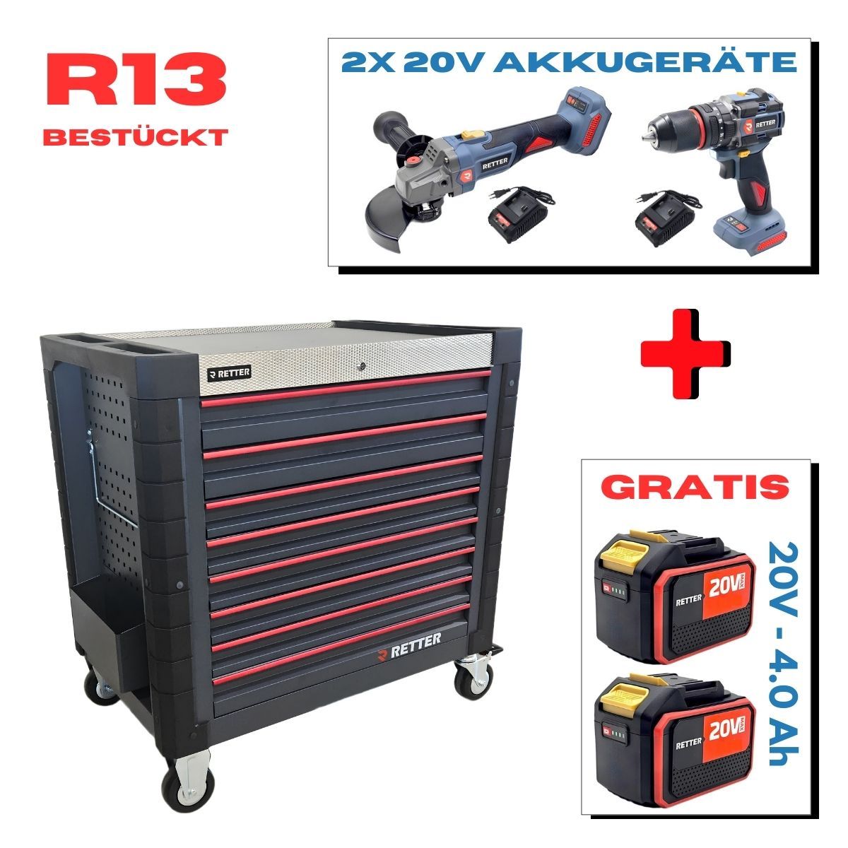 RETTER Profi-Werkzeugwagen 8 Schubladen mit CR-V Werkzeug inkl. 20V Akku-Winkelschleifer & Schlagbohrschrauber | R13 Flex-SET