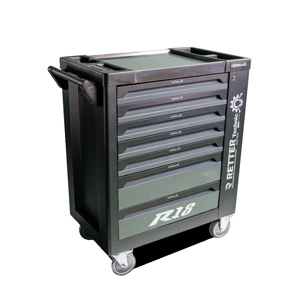 Three-quarter view of the black Retter R18 Technic VDE mobile tool cabinet with closed drawers and a top work surface.