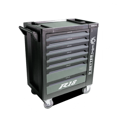 Three-quarter view of the black Retter R18 Technic VDE mobile tool cabinet with closed drawers and a top work surface.