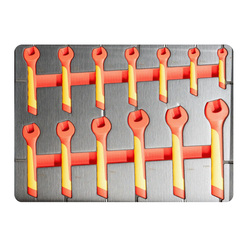 A set of Retter VDE insulated open-end wrenches with red and yellow protective coating in a foam insert.
