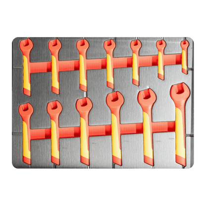 A set of Retter VDE insulated open-end wrenches with red and yellow protective coating in a foam insert.