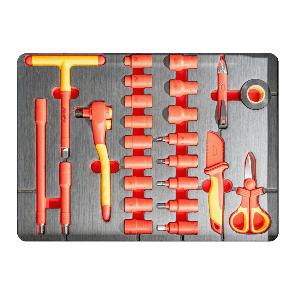Electrician drawer insert with VDE insulated T-handle key, insulated sockets, cutting knife, scissors, and electrical tape.