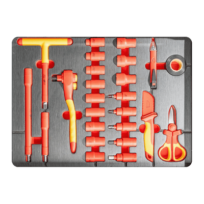 Electrician drawer insert with VDE insulated T-handle key, insulated sockets, cutting knife, scissors, and electrical tape.