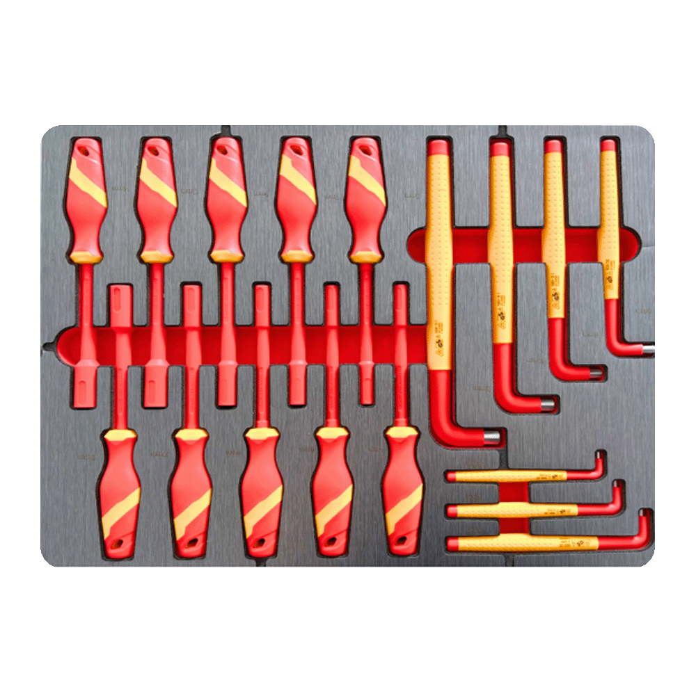 Hard foam drawer insert filled with Retter 1000V insulated screwdrivers and VDE HEX L-keys with red and yellow handles.