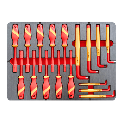 Hard foam drawer insert filled with Retter 1000V insulated screwdrivers and VDE HEX L-keys with red and yellow handles.