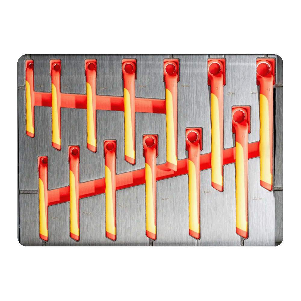 Retter 1000V insulated single-head ring wrenches neatly arranged in a dual-color hard foam tray.