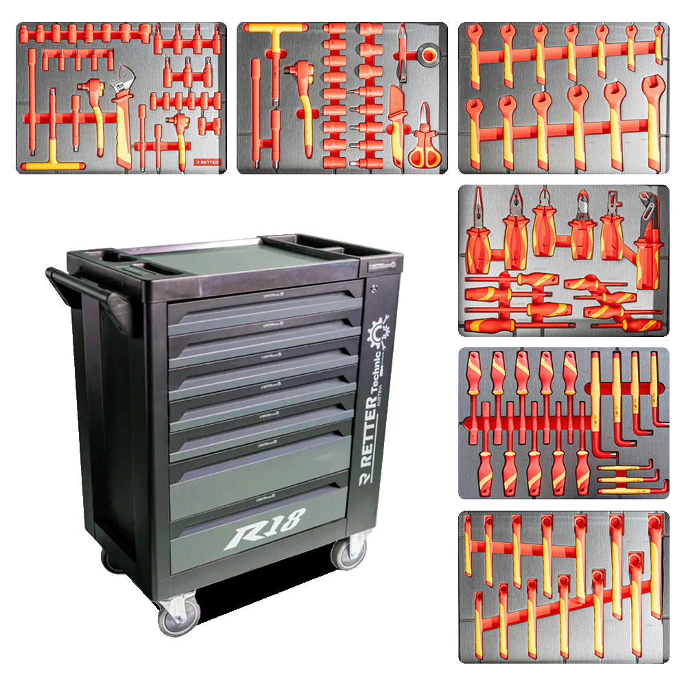 Retter R18 VDE insulated tool cabinet with seven drawers shown alongside six hard foam inserts filled with 1000V certified electrical tools.