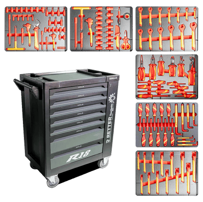 Retter R18 VDE insulated tool cabinet with seven drawers shown alongside six hard foam inserts filled with 1000V certified electrical tools.