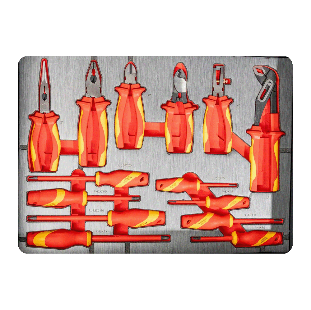 Professional electrical tray containing Retter VDE insulated pliers, wire cutters, a water pump plier, and insulated screwdrivers.