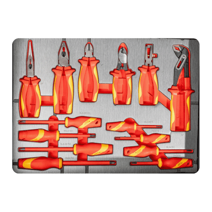 Professional electrical tray containing Retter VDE insulated pliers, wire cutters, a water pump plier, and insulated screwdrivers.