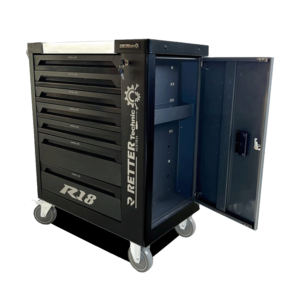 Black Retter R18 VDE workshop tool cabinet with its side storage door fully open, showing the internal lock and shelf.
