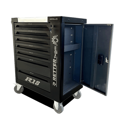 Black Retter R18 VDE workshop tool cabinet with its side storage door fully open, showing the internal lock and shelf.