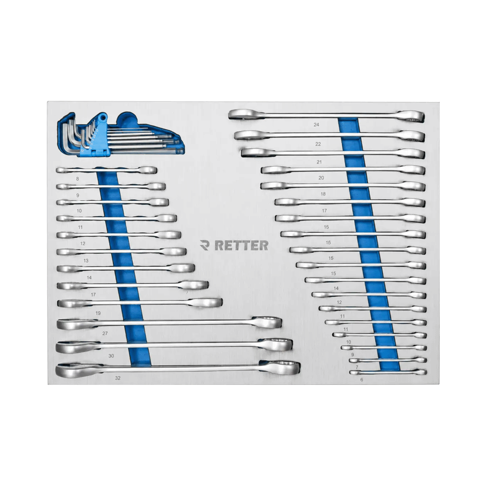 Retter R22S tool cabinet tray insert loaded with a set of chrome combination wrenches and metric HEX L-keys in a holder.
