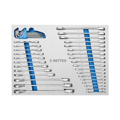 Retter R22S tool cabinet tray insert loaded with a set of chrome combination wrenches and metric HEX L-keys in a holder.