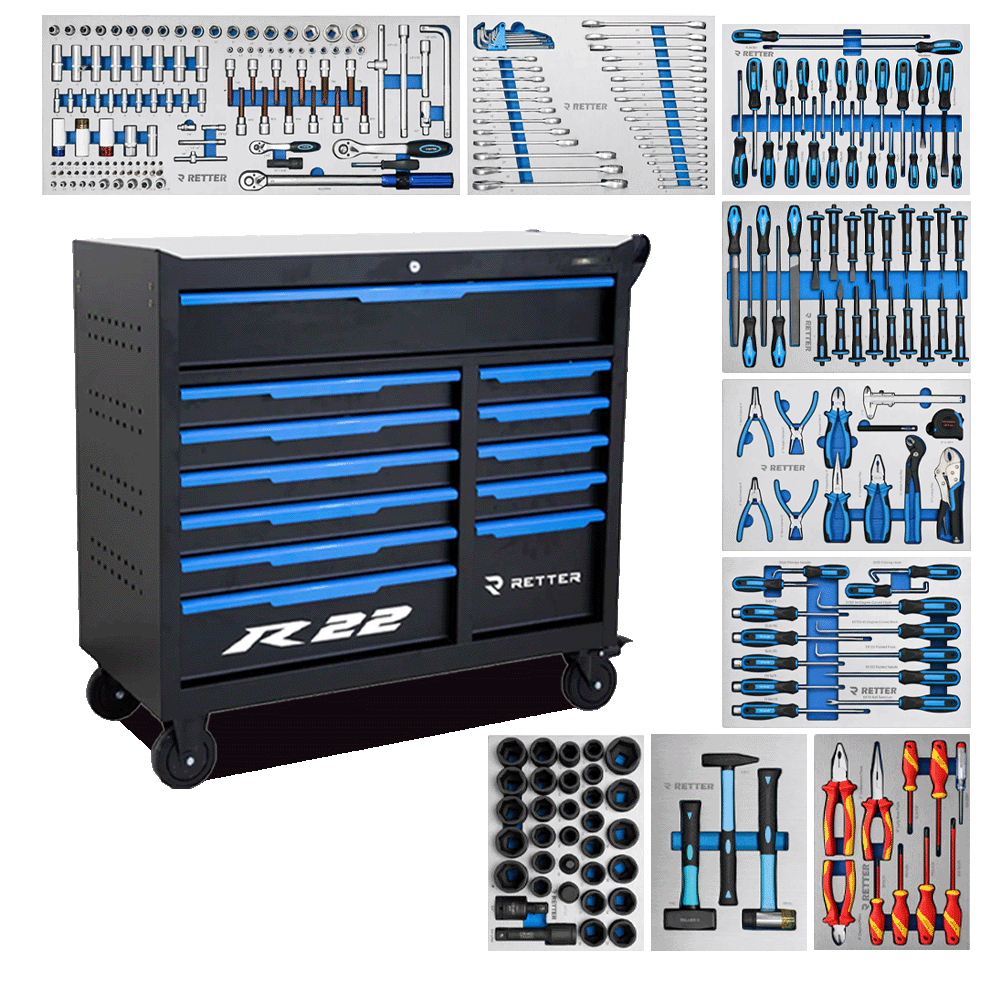 Retter R22S tool cabinet with blue drawer handles shown together with its full set of ten ALU-EVA tool trays.