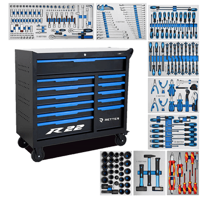 Retter R22S tool cabinet with blue drawer handles shown together with its full set of ten ALU-EVA tool trays.