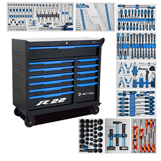Retter R22S tool cabinet with blue drawer handles shown together with its full set of ten ALU-EVA tool trays.