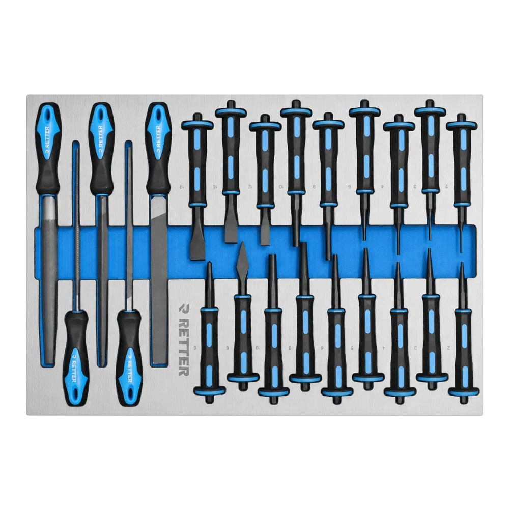 Retter R22S tool cabinet tray insert displaying a set of steel files alongside various punches and chisels.