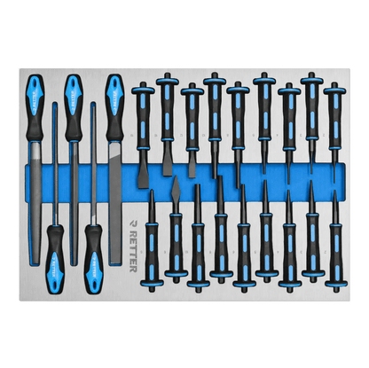Retter R22S tool cabinet tray insert displaying a set of steel files alongside various punches and chisels.
