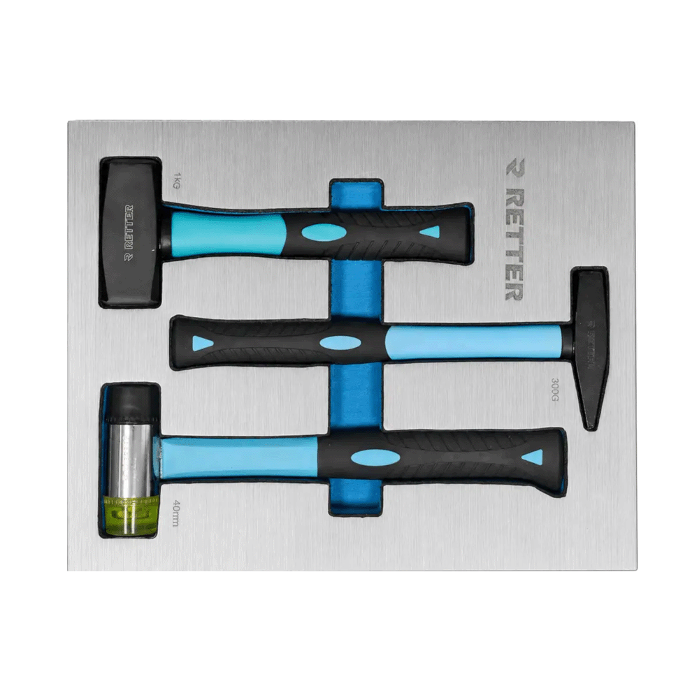 Retter R22S tool cabinet tray insert carrying two mechanic's hammers and a nylon dead-blow mallet.