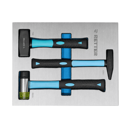 Retter R22S tool cabinet tray insert carrying two mechanic's hammers and a nylon dead-blow mallet.