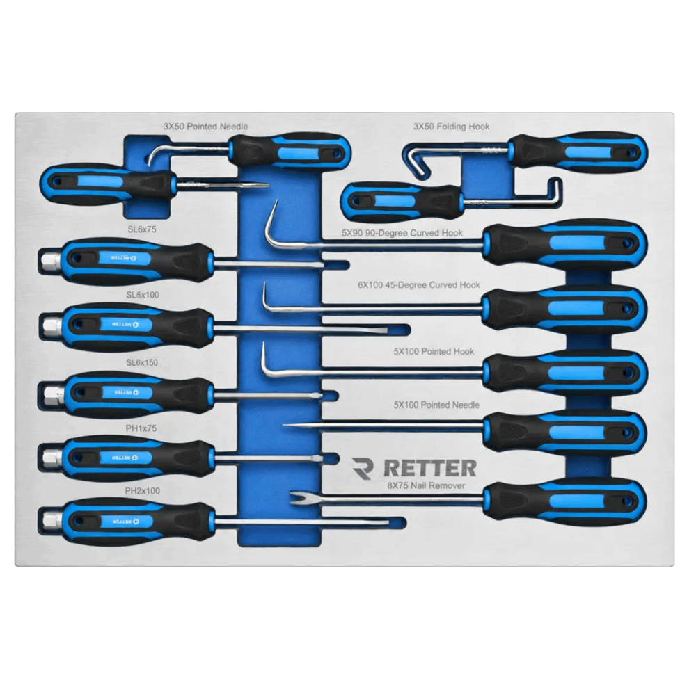 Retter R22S tool cabinet tray insert equipped with hook and pick tools, screwdrivers, and trim clip levers.