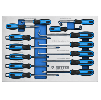 Retter R22S tool cabinet tray insert equipped with hook and pick tools, screwdrivers, and trim clip levers.